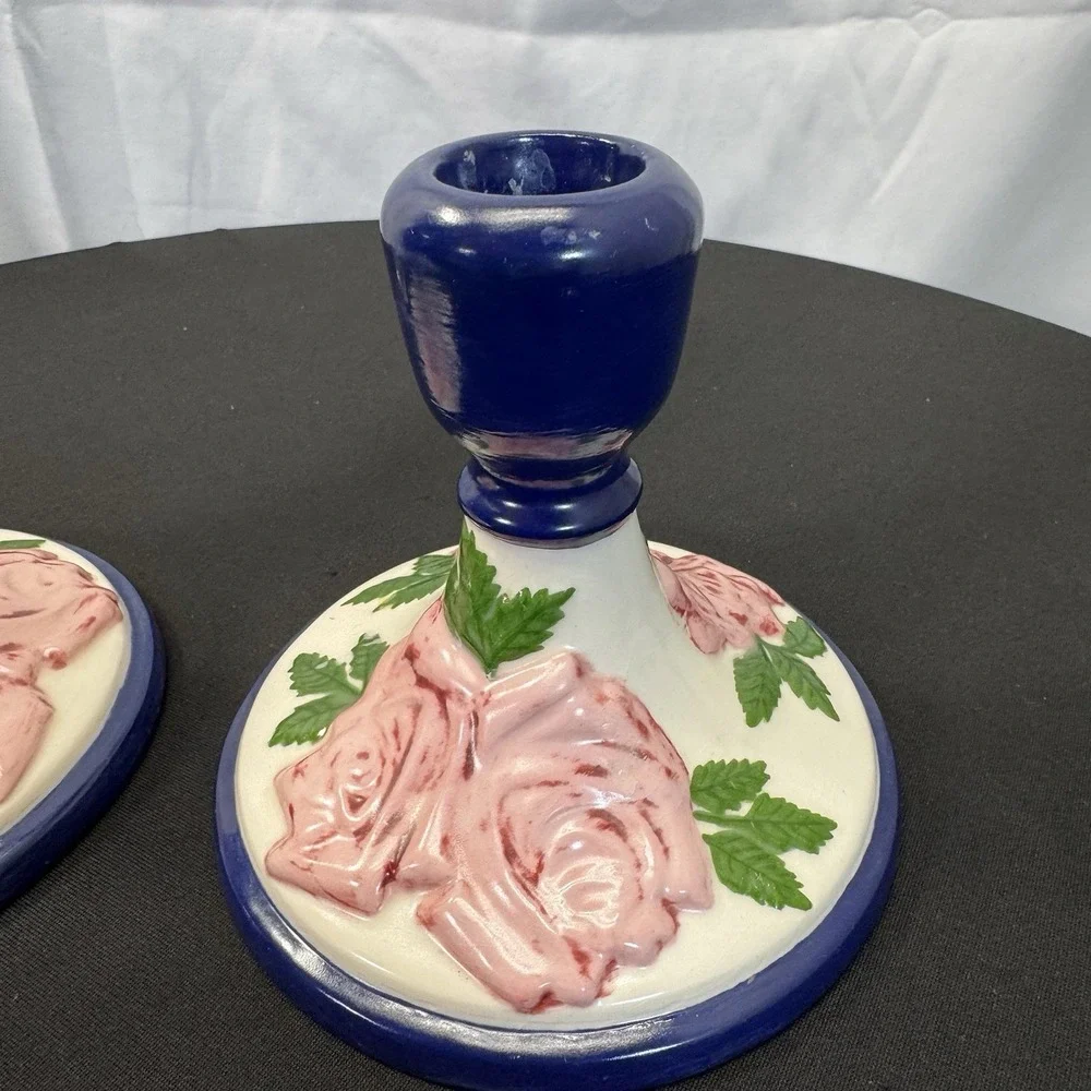 Vtg 1970s Hand Painted Folk Art Pottery Candle Stick Holders Pair‎ of 2